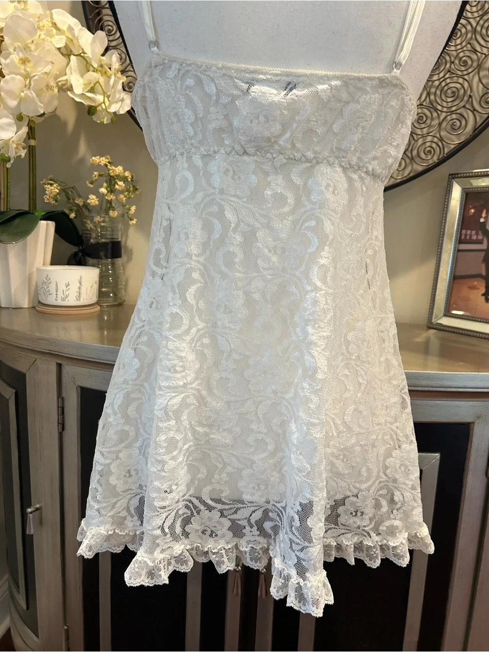 Delicate Lace Chemise Slip in Ivory with Ribbon Tie